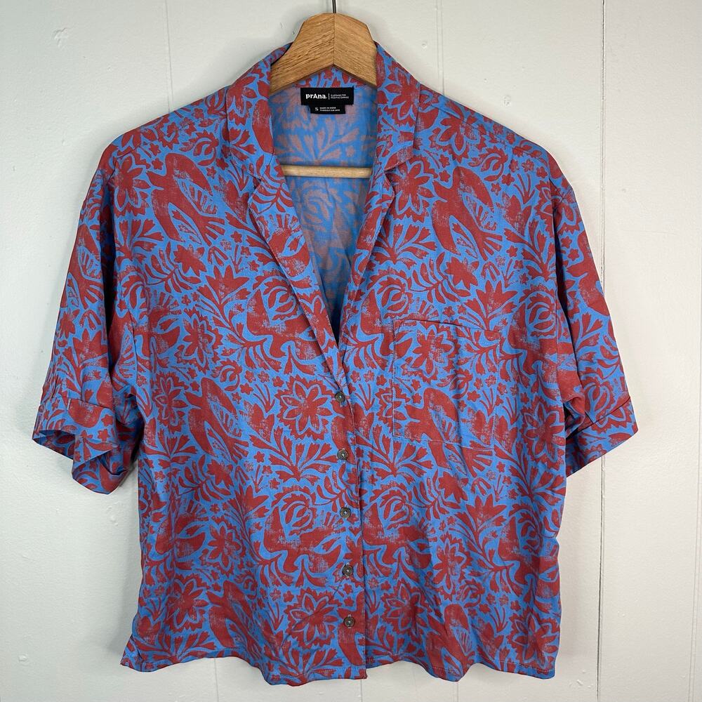 prAna Womens S Blue Rust Floral Camp Collar Short Sleeve Shirt Boho